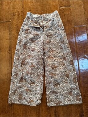 Zara Brown Wide-Leg Leaf-Print Pants with White Overlay